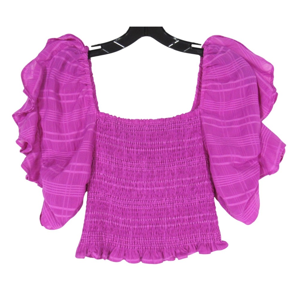 DO+BE Stretch SMOCK Semi-Sheer Plaid FLUTTER SLEEVES Fuschia CROP BLOUSE/TOP S